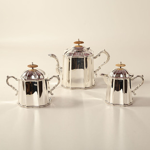 印度进口黄铜镀银茶壶摆件 北欧餐桌银色冷水壶样板间软装套三个