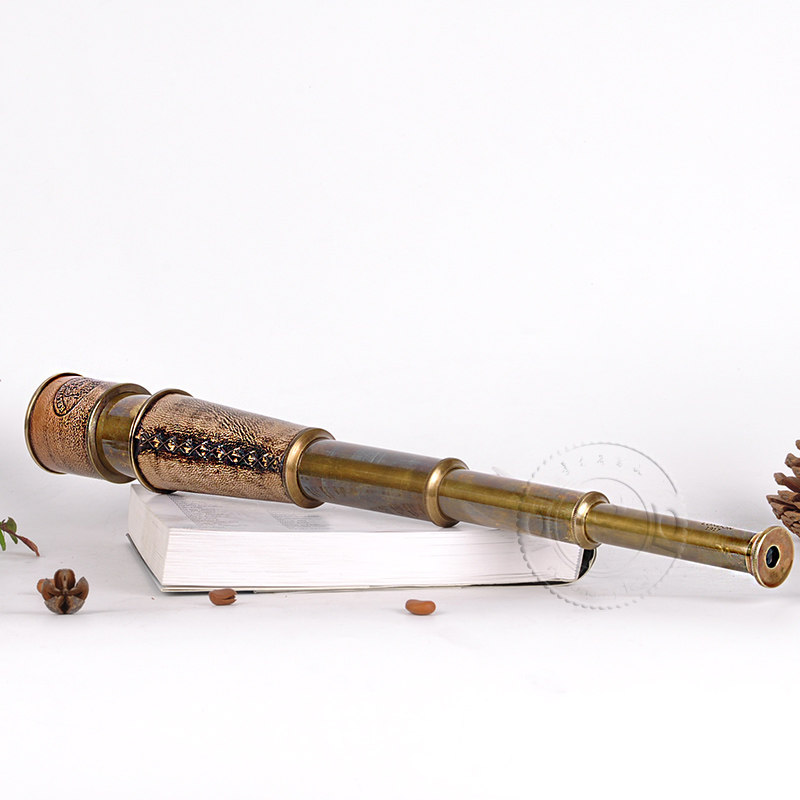欧式复古摆件 家居书房样板房装饰品 望远镜纯铜仿古摆件单筒牛皮