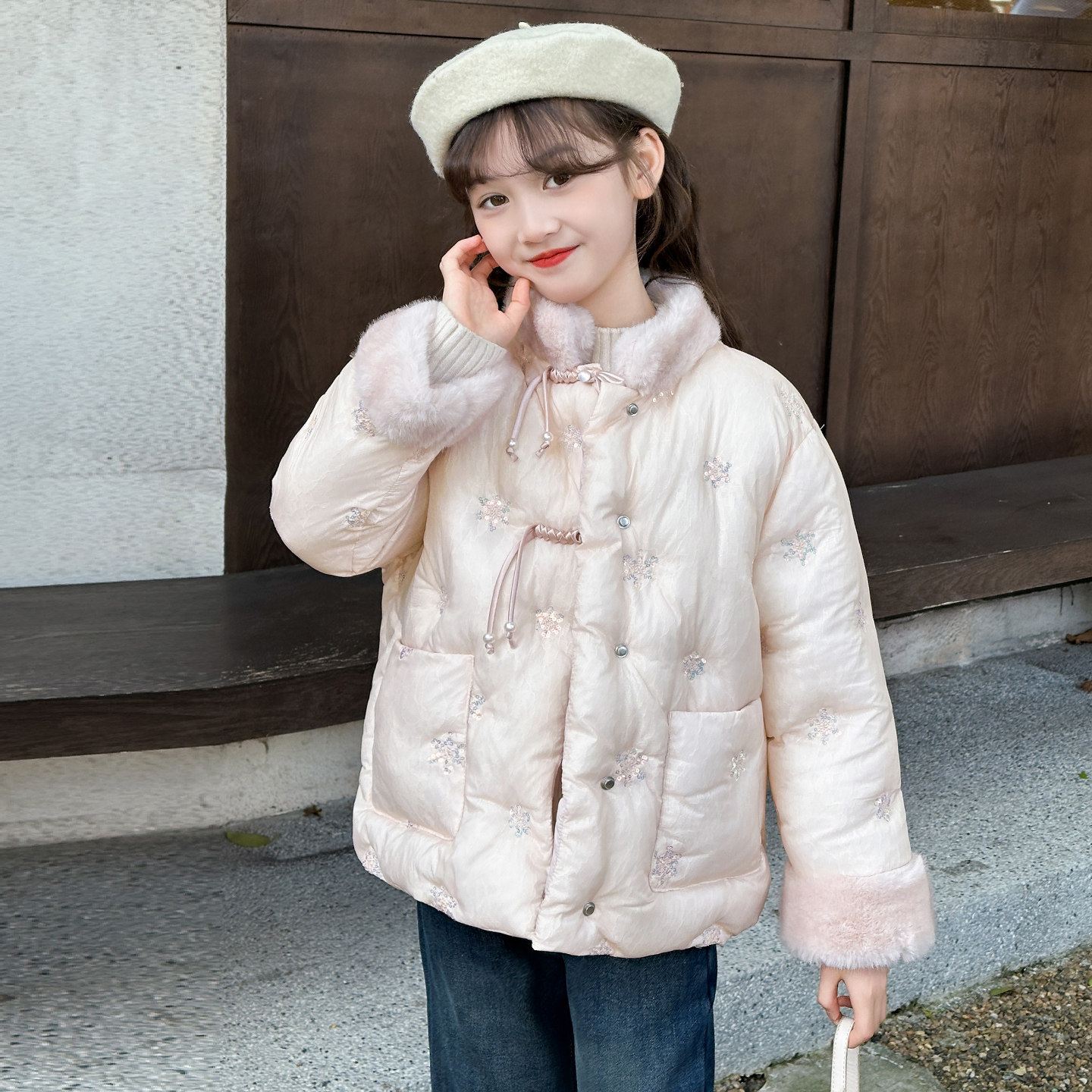 女童中国风亮片棉服2025新款