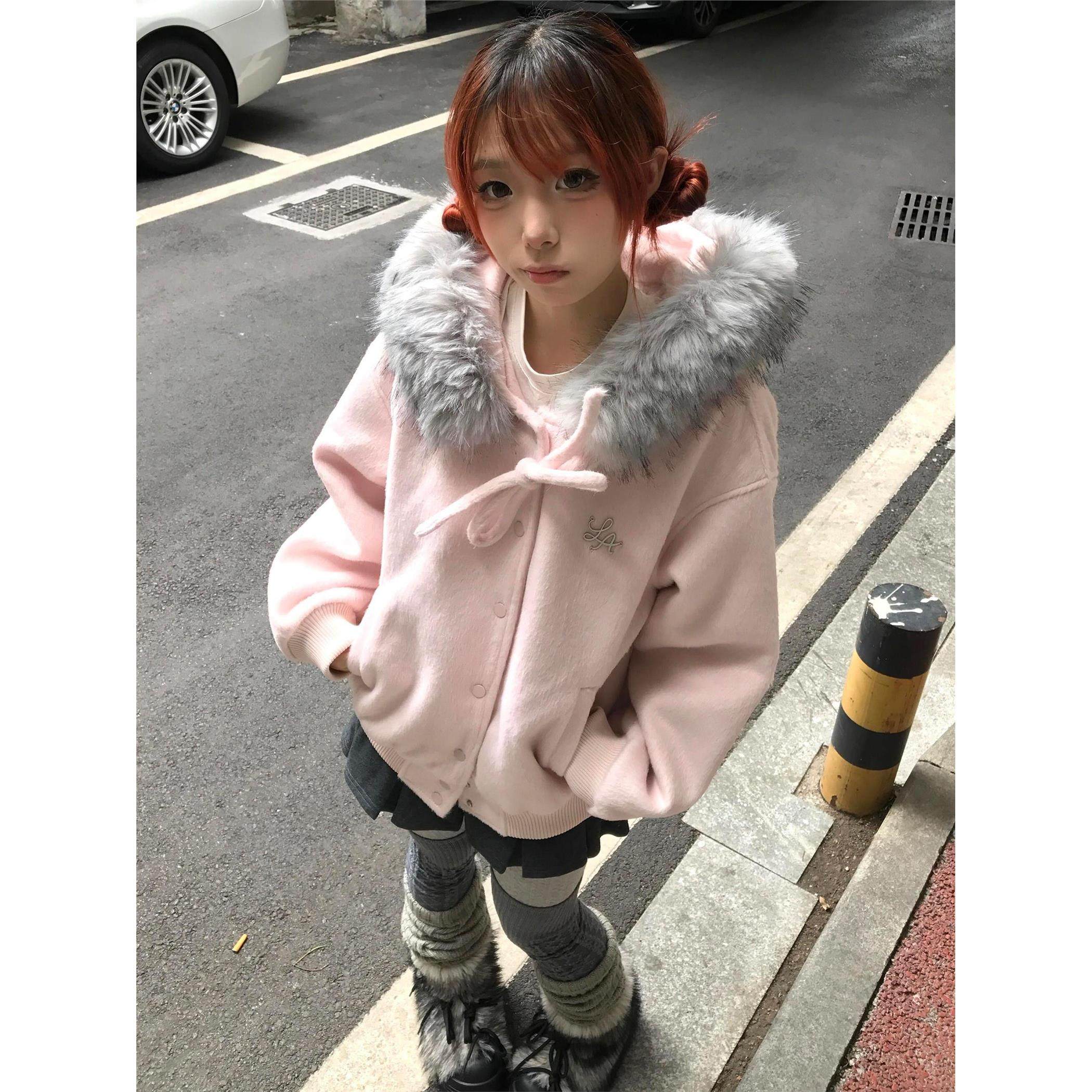 2025新款粉色毛领连帽毛呢外套女秋冬加厚宽松蝴蝶结绑带开衫外套,女装/女士精品,短外套,淘宝优惠券,粉丝福利购,淘宝优惠卷