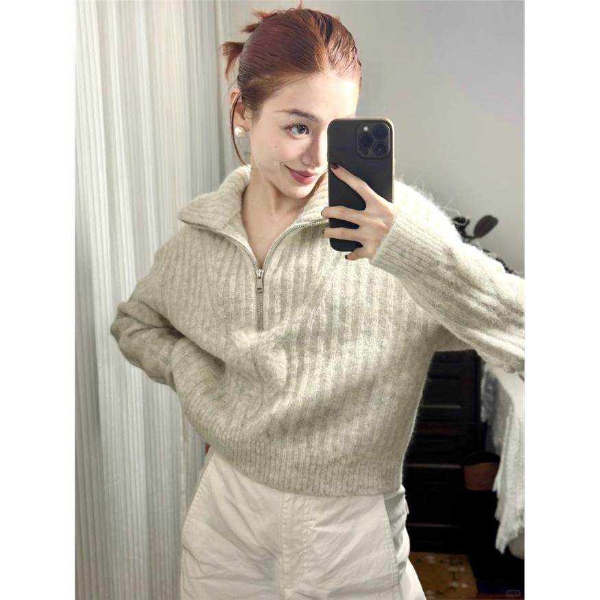 半拉炼大翻领毛衣女秋冬新款时尚洋派高领针织衫韩系别致短款上衣,女装/女士精品,毛衣,淘宝优惠券,粉丝福利购,淘宝优惠卷