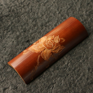 广西老煤竹茶则雕刻精工“牡丹图”国色天香纯手工雕刻竹器竹迹