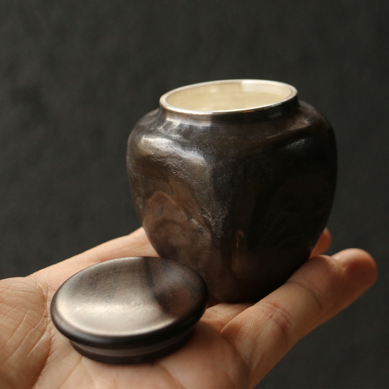 【纯银斗茶罐】999足银纯手工精工打造制作胡桃木口盖茶道茶叶罐