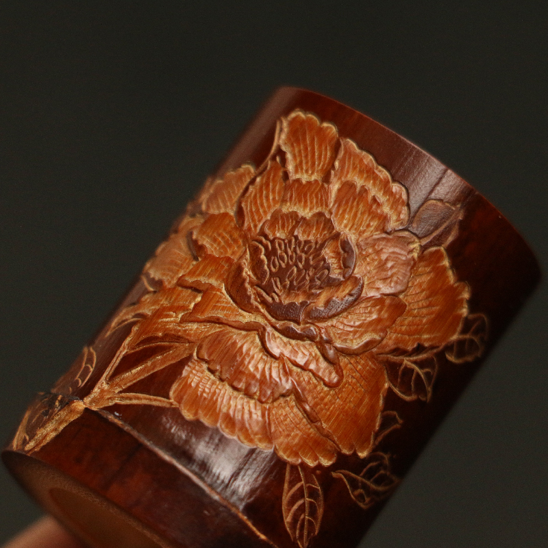 广西老煤竹纯手工精工浮雕国色天香竹雕茶道盖置文玩把件