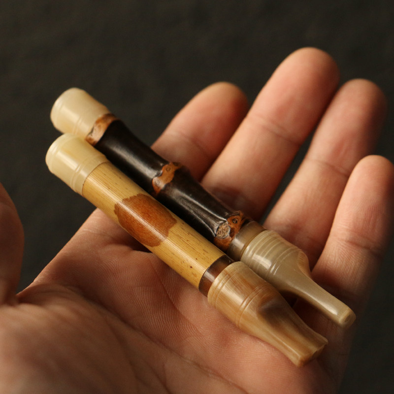 苏工纯手工精工制作牛角嘴竹制粗烟烟嘴抽烟器具把件把玩工艺品