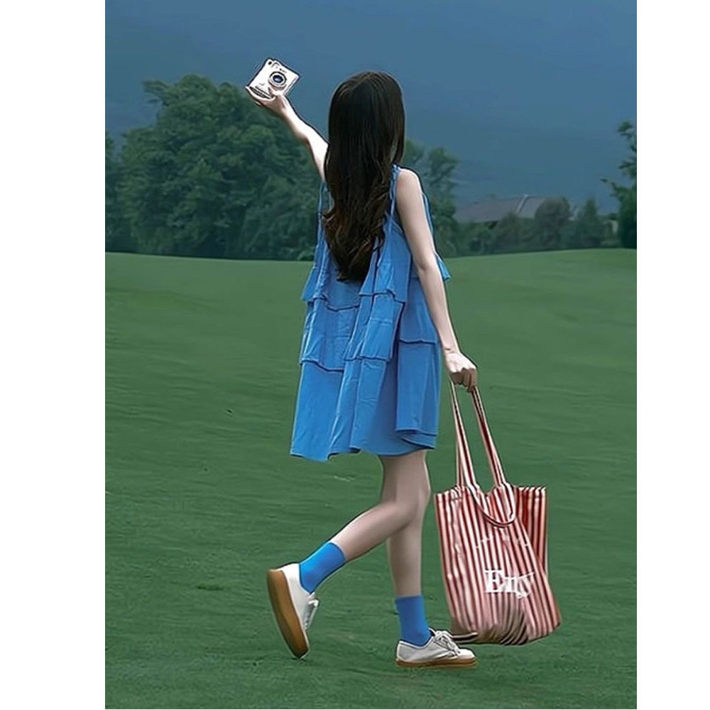 别致漂亮韩系温柔风蓝色遮肚子减龄吊带连衣裙女奶系穿搭夏天裙子