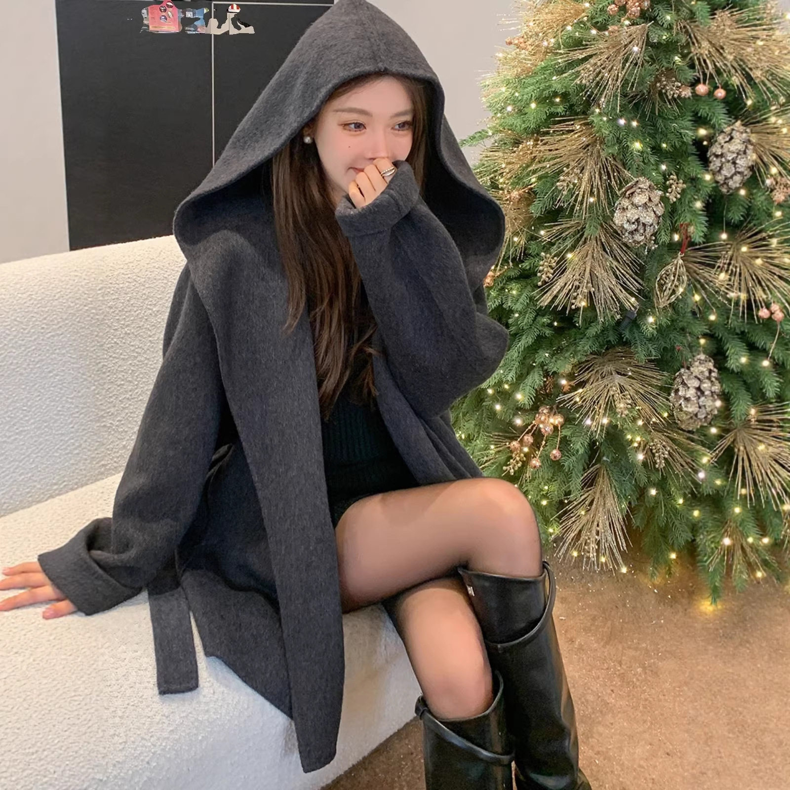 MOLIN灰色短款双面羊绒大衣女冬