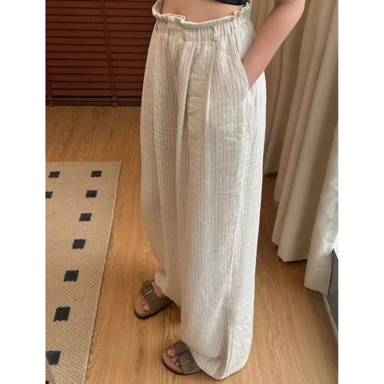 MOLIN棉麻条纹阔腿裤女夏季小个