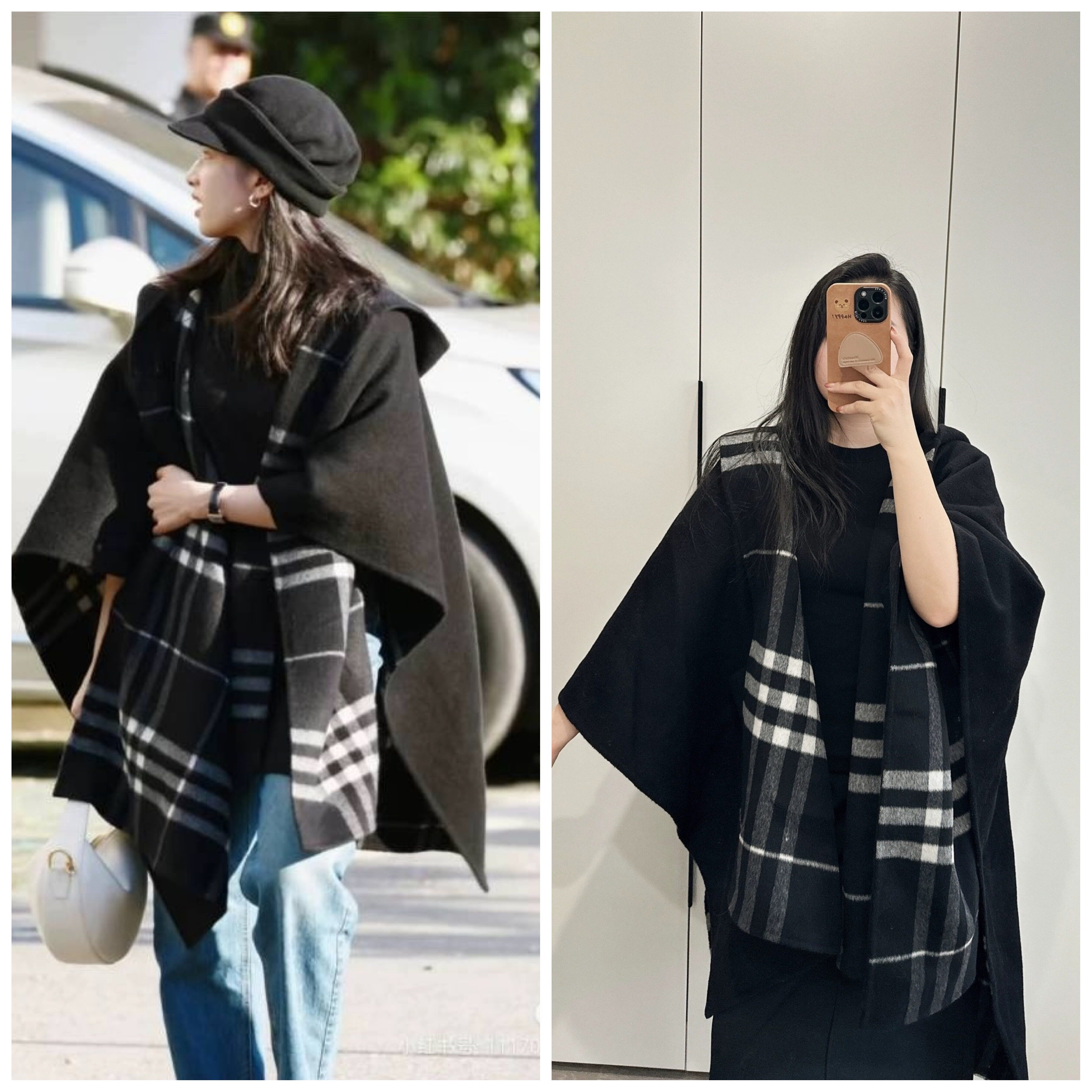 部分现货张婧仪同款黑色格纹纯山羊绒斗篷双面呢围巾披肩大衣