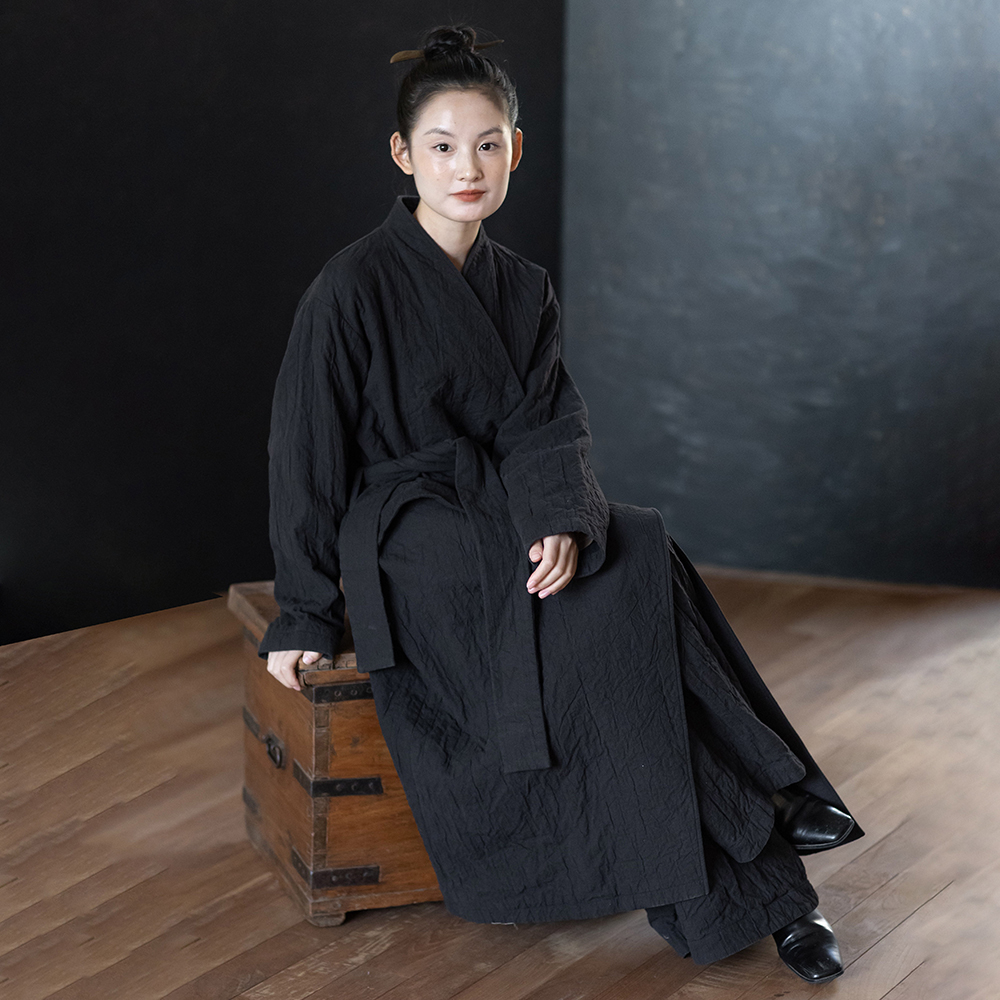 大拙巴恩风穿搭亚麻棉宽松款高端黑色设计感长款风衣外套210823