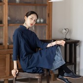 大拙老钱风棉麻斜襟立领盘扣宽松款 纯色七分袖 连衣裙60109