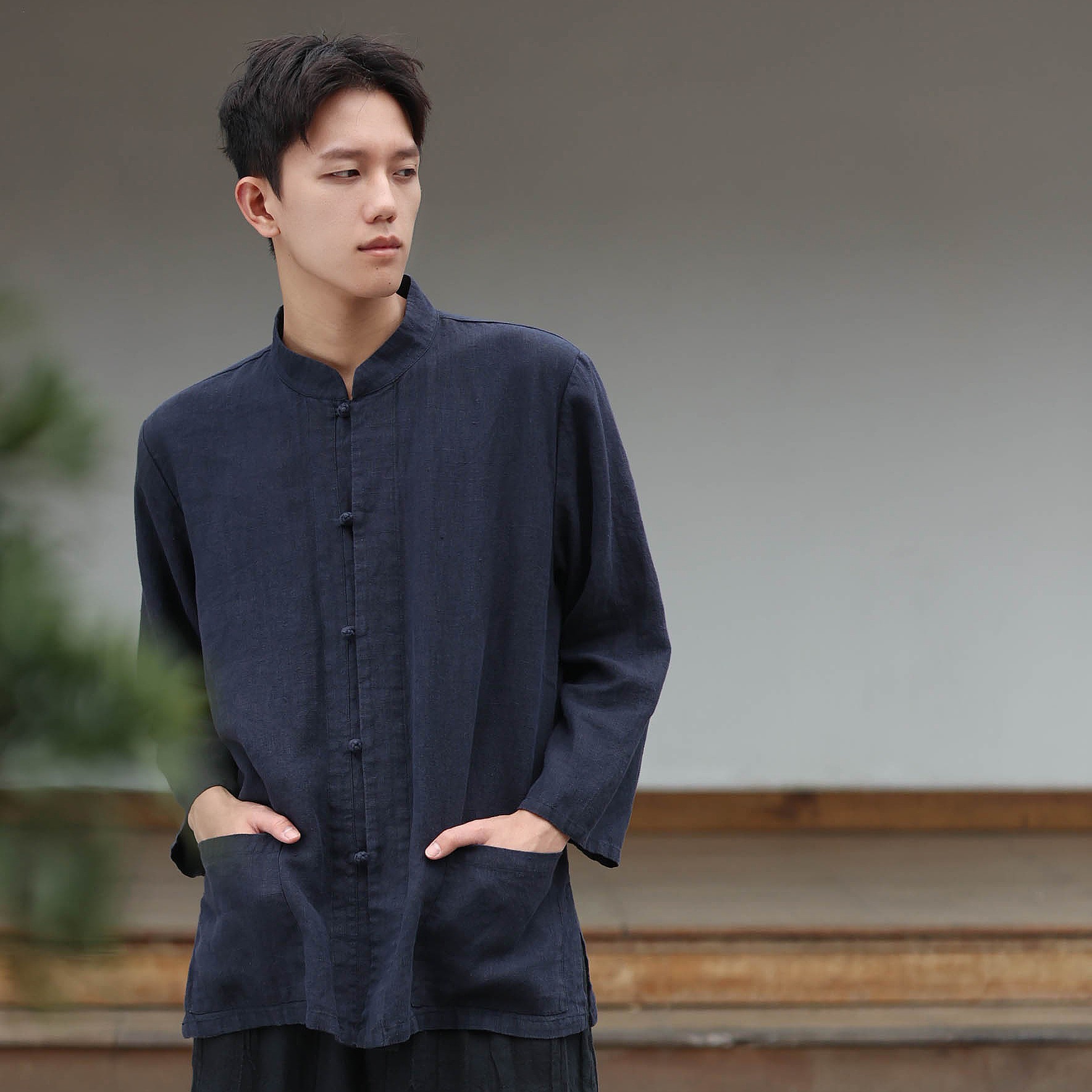 大拙新中式男生穿搭汉麻小立领盘扣宽舒款中国风男衬衫231112-1