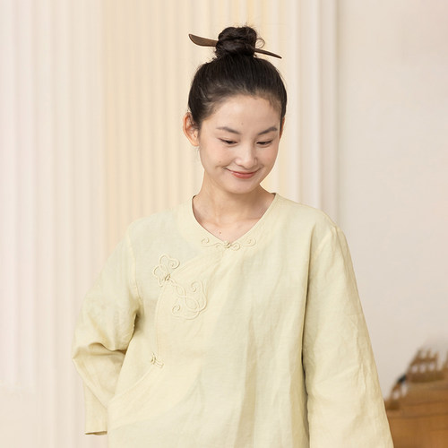 大拙新华服穿搭东方美学蝴蝶扣人丝亚麻料衬衫W090