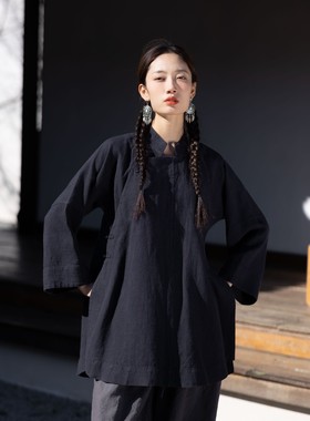 大拙古典雅致复古风汉麻斜襟立领宽松款纯色通勤衬衫231030