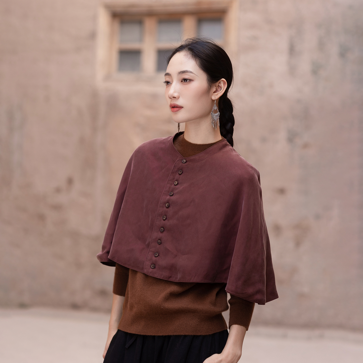 大拙东方美学铜氨丝双层斗篷披肩