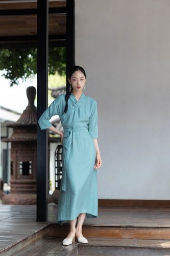 大拙薄荷曼波风东方自然美斜襟盘扣连衣裙60219