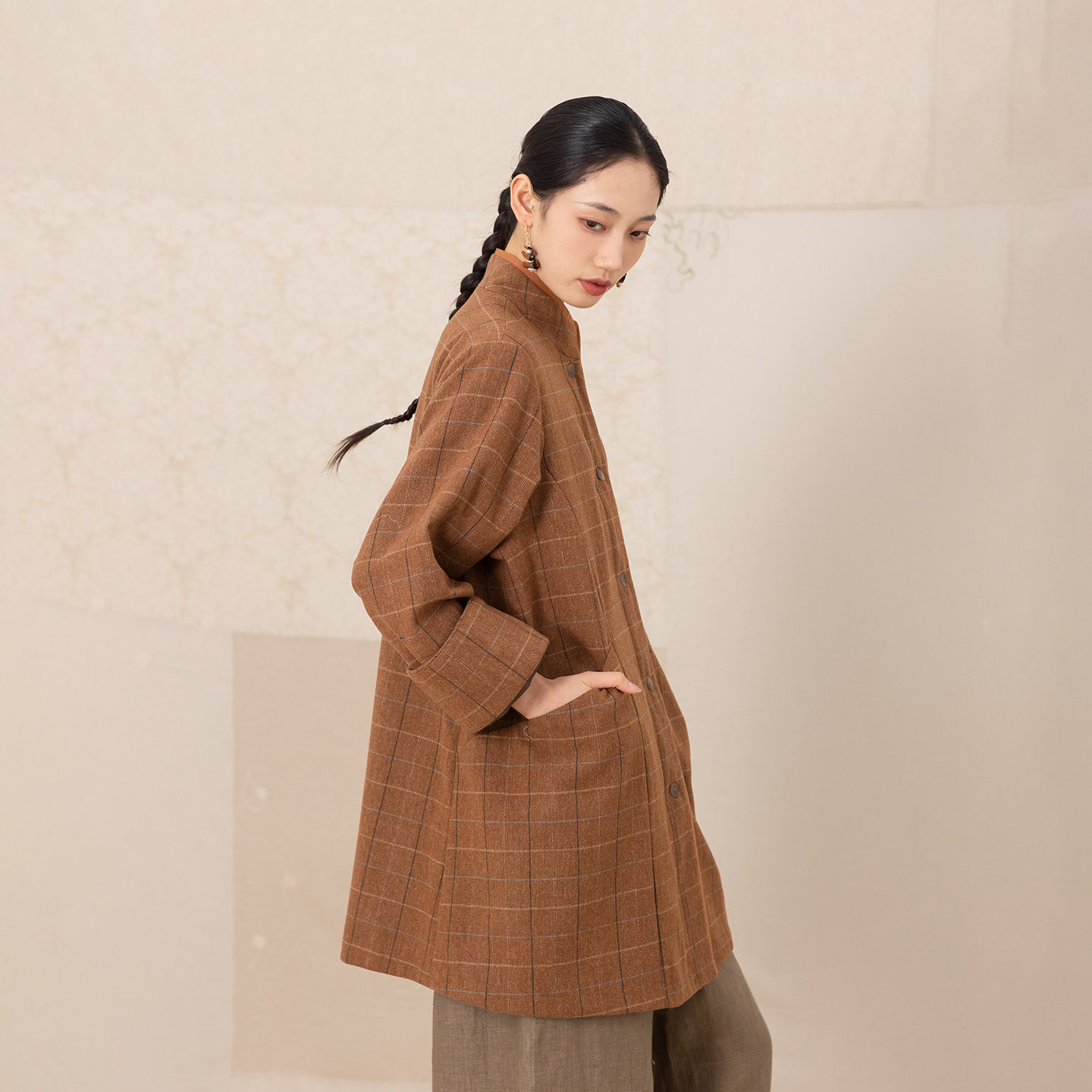 大拙清冷书卷气穿搭立领嵌线格纹毛呢宽松款单排扣双层外套251118,女装/女士精品,毛呢外套,淘宝优惠券,粉丝福利购,淘宝优惠卷