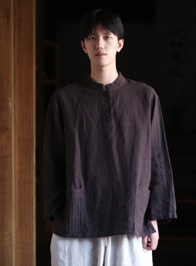 大拙原创精工细作洗旧亚麻立领宽舒纯色休闲流行男套头衬衫41227