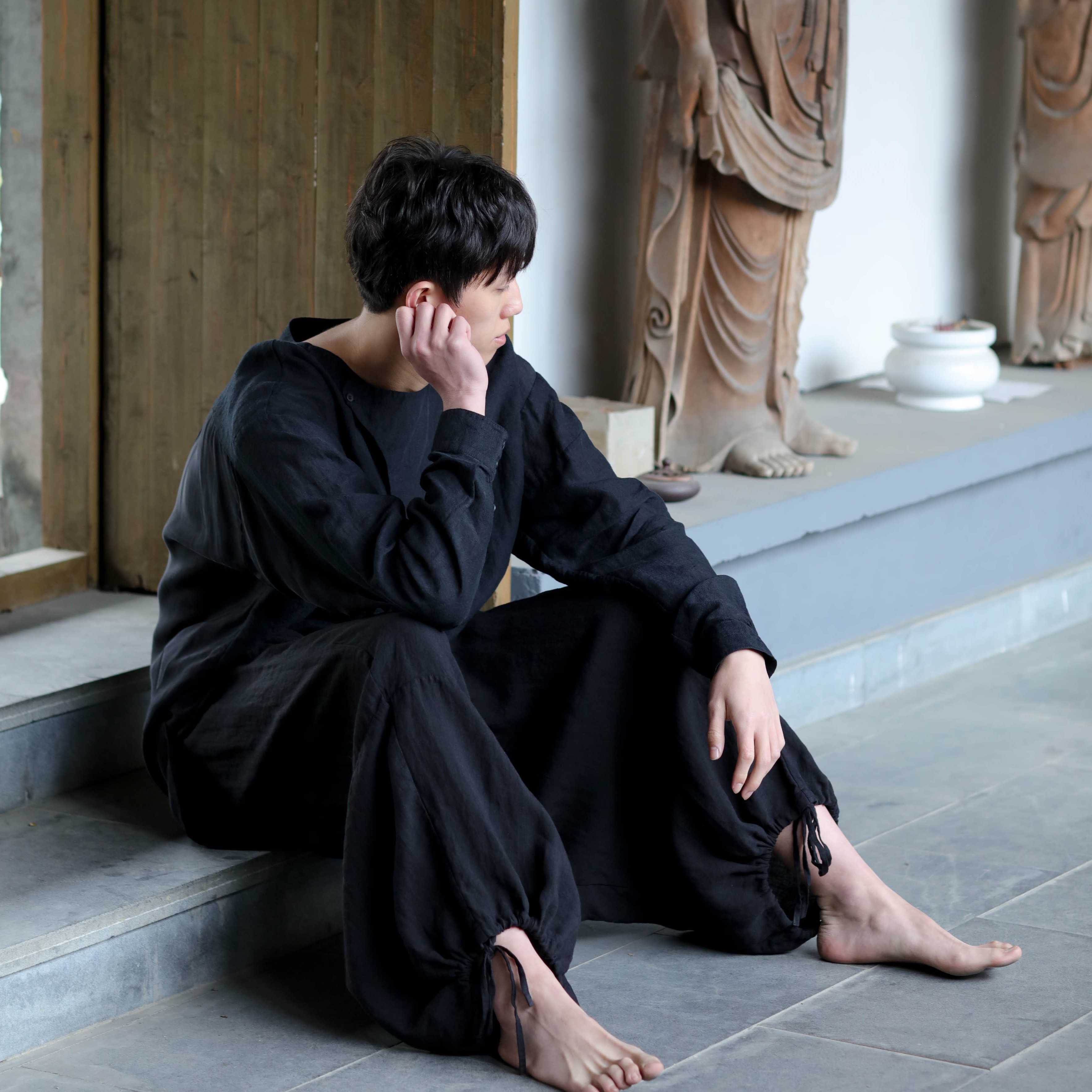 大拙黑色亚麻男休闲裤