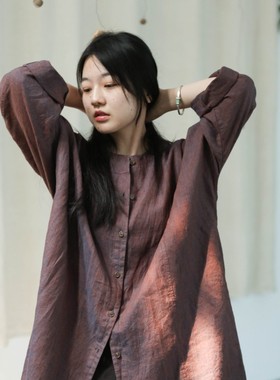 大拙电影感油画C位穿搭双股色织亚麻长袖外披连衣裙210725