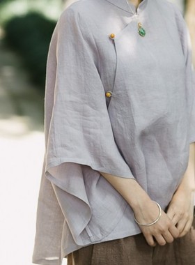 大拙。 翡翠珠 喇叭袖 苎麻6分袖短衫   50917