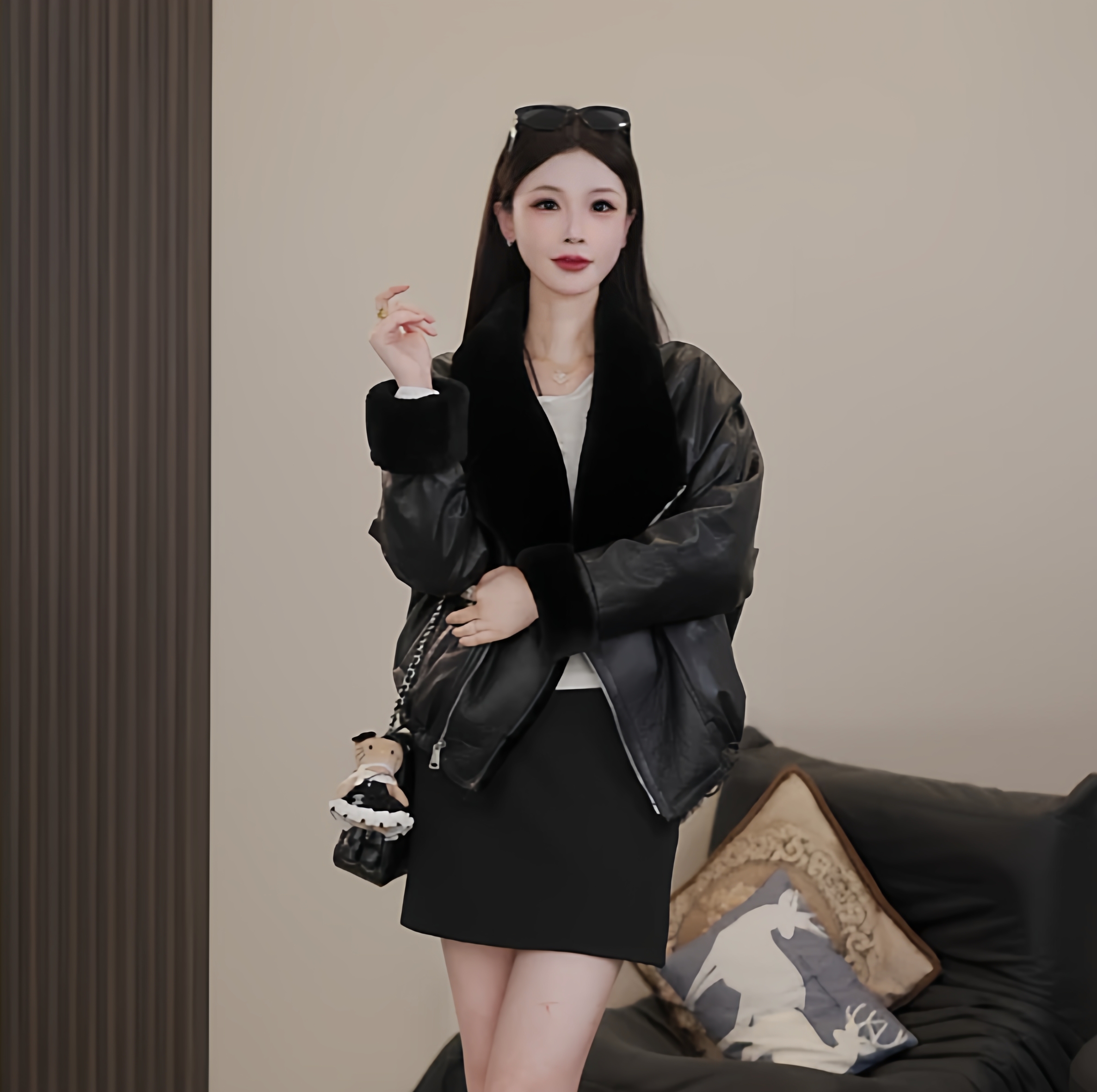 海宁ViKI轻奢皮草海宁秋冬羊皮毛一体拼接轻奢女士皮衣外套鹅绒服