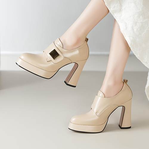 里外全皮粗跟防水台厚底单鞋女春秋时尚尖头真皮磨砂魔术贴高跟鞋