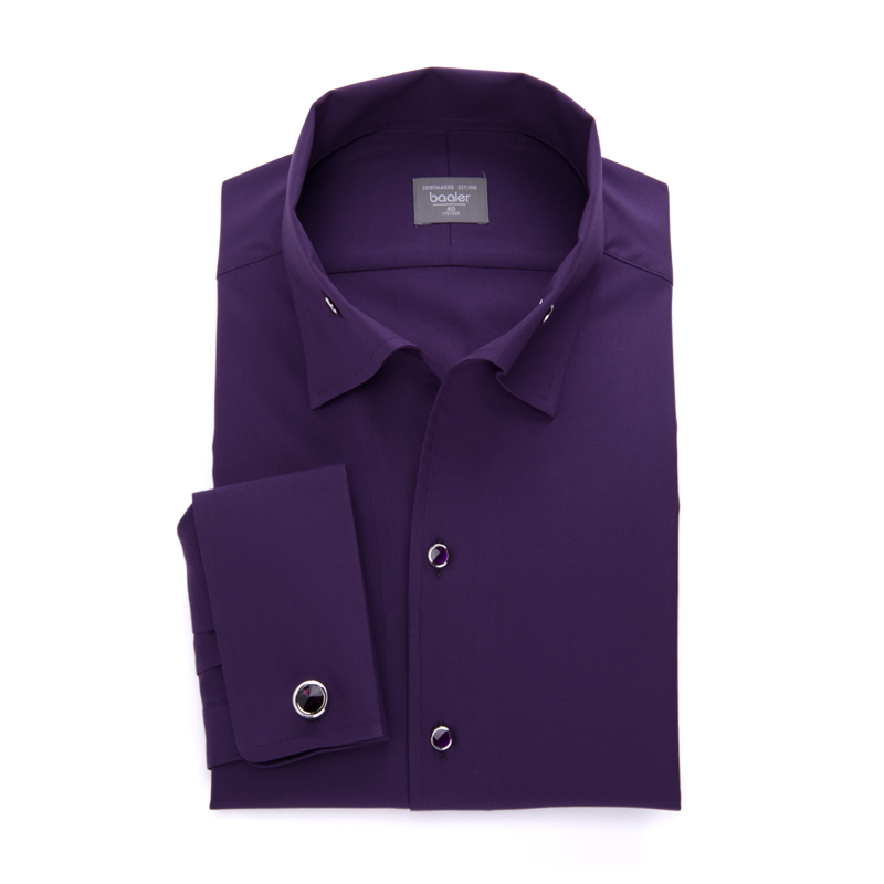拜耳那不勒斯一片领衬衫男士长袖纯棉法式袖口修身紫色时尚版