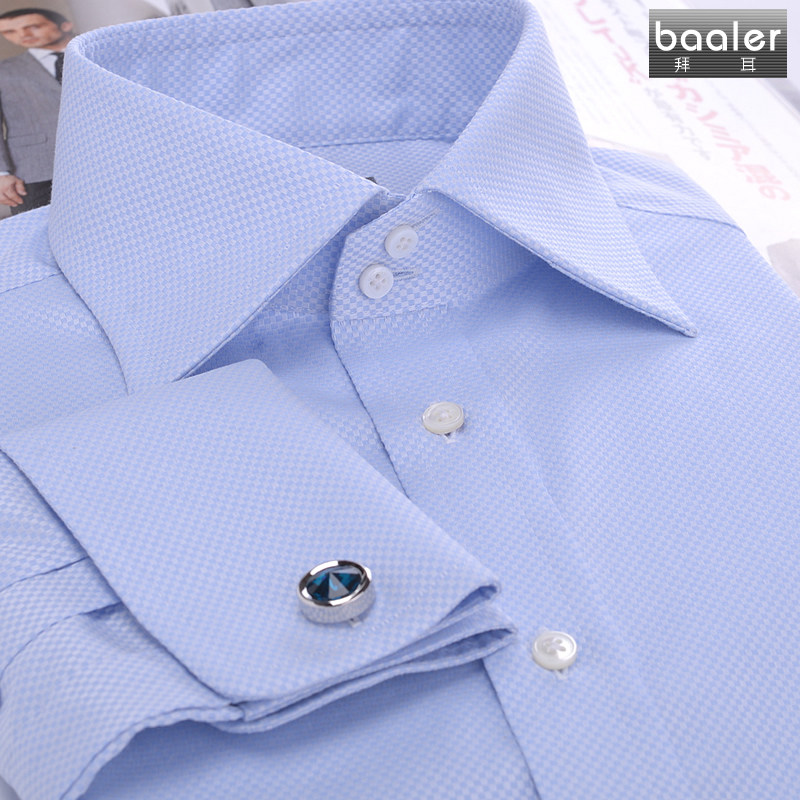 英式[双扣领]高领时尚男衬衫长袖纯棉高支纱商务正装法式袖口修身