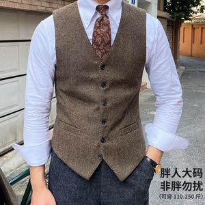 大码男装新款复古英伦风马甲粗花呢人字纹西装马甲轻熟风宽松背心
