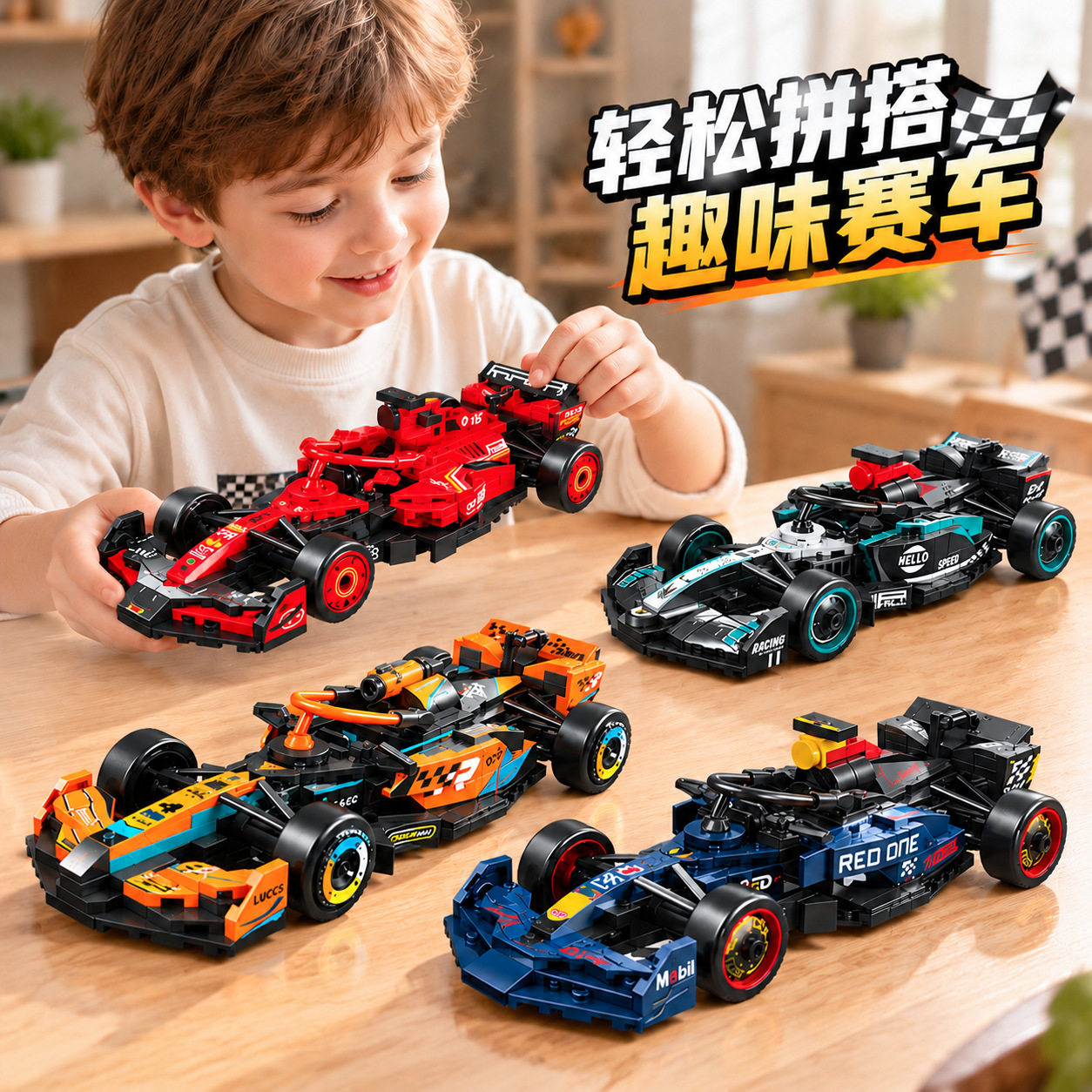 男孩益智拼装赛车仿真F1方程式赛车模型摆件儿童组装拼插玩具车