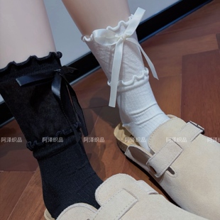 搭配小皮鞋是学院乖乖女~花边蝴蝶结中筒袜子ins潮白色百搭春夏棉