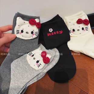 KT猫太懂甜妹了~卡通立体玩偶中筒潮袜女AB版不对称可爱蝴蝶春夏