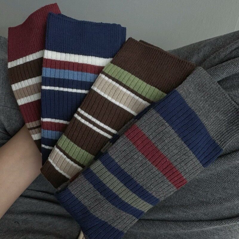 安可拉红色调看着好舒服 - 百搭条纹堆堆长袜女ins潮流撞色中筒棉
