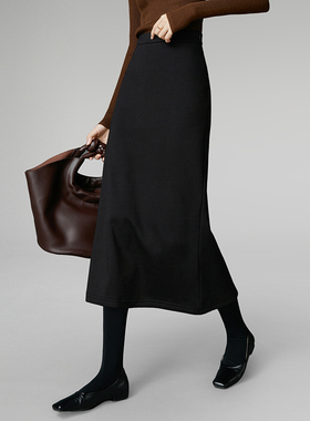 晚白2025秋冬新款直筒包臀裙一步裙气质黑色加绒裙子长款半身裙女