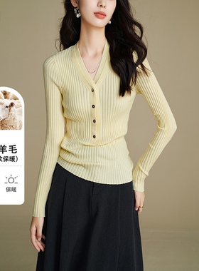 晚白2026年春新款嫩黄色收腰上衣竖罗纹肌理V领修身套头针织衫
