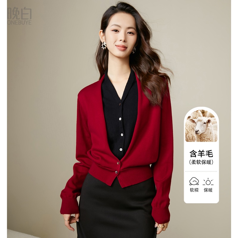 晚白2025春季新款时尚慵懒感休闲毛衣撞色减龄V领假两件针织衫女
