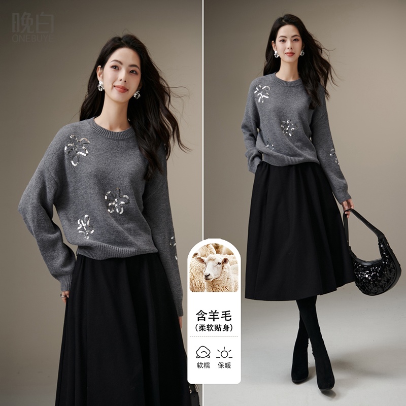 晚白绵羊毛弹力宽松针织衫