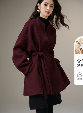 晚白2025年冬新款时尚新年复古立领系带气质收腰外套羊毛大衣女