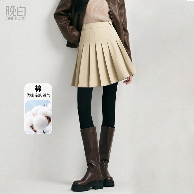 晚白2026年春新款时尚简约棉质高腰百褶裙减龄舒适百搭小A短裙