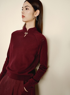 晚白2025年秋冬新款新中式上衣轻国风新年红色含羊毛宽松针织衫女