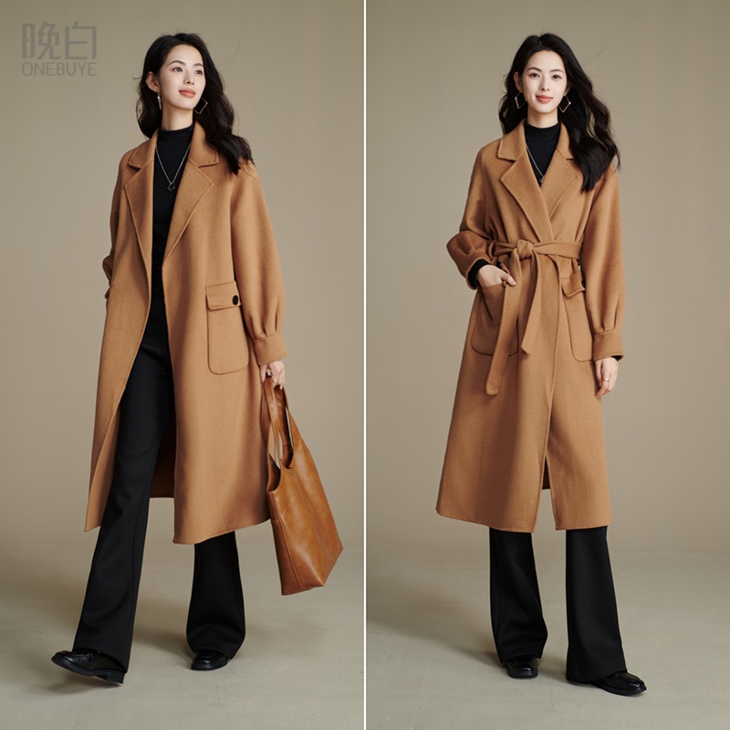 晚白纯色翻驳领通勤羊毛大衣