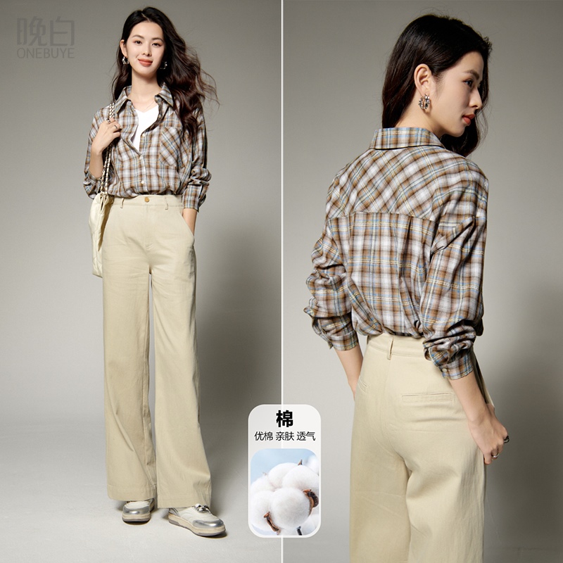 晚白格纹宽松亲肤减龄衬衫