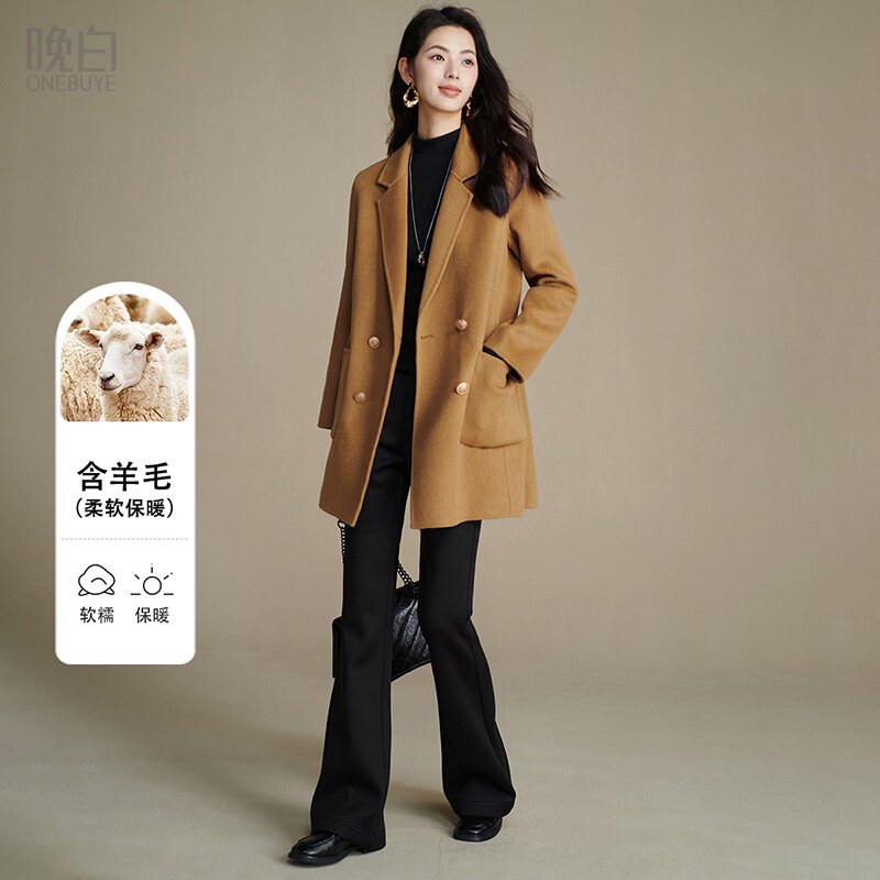 晚白2025年冬新款气质翻驳领正肩大衣双面呢羊毛小个子大衣外套女,女装/女士精品,毛呢外套,淘宝优惠券,粉丝福利购,淘宝优惠卷