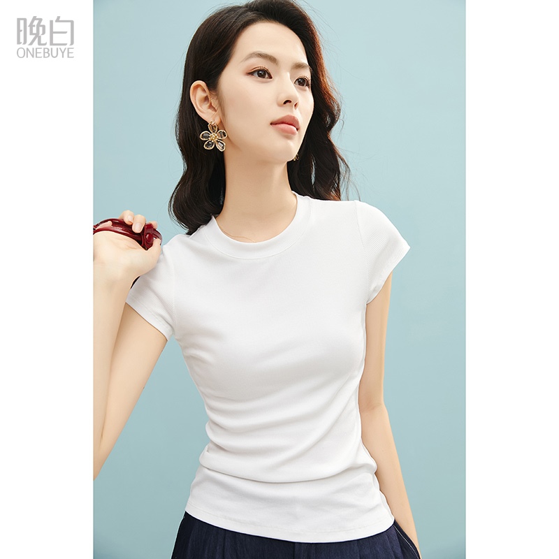 晚白2025年夏新款时尚简约气质休闲弹力亲肤白色短袖T恤女上衣