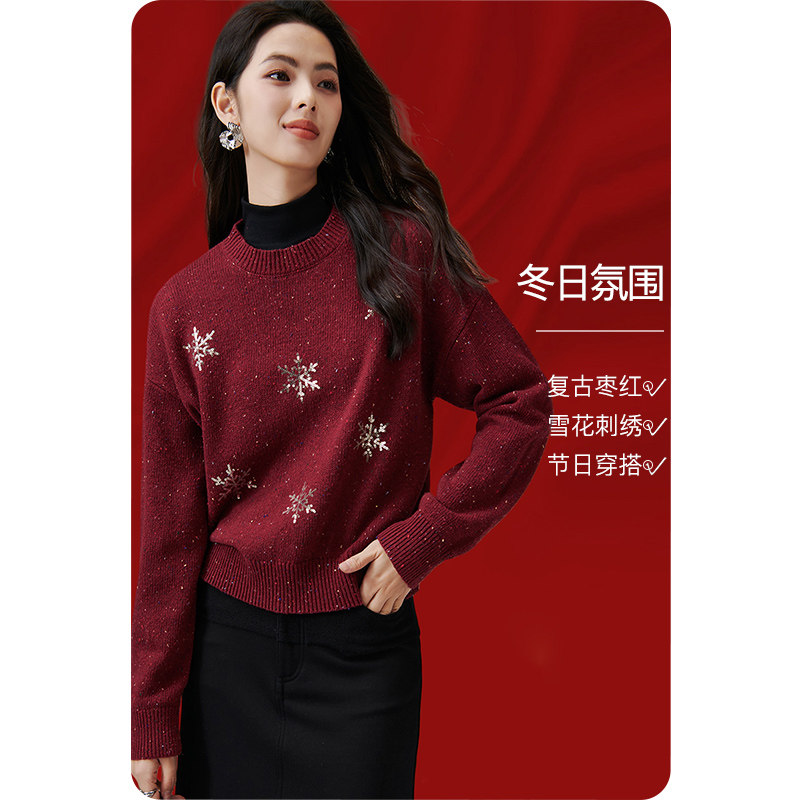 晚白2026年春季新款时尚气质红色氛围感新年上衣印花大码针织衫女
