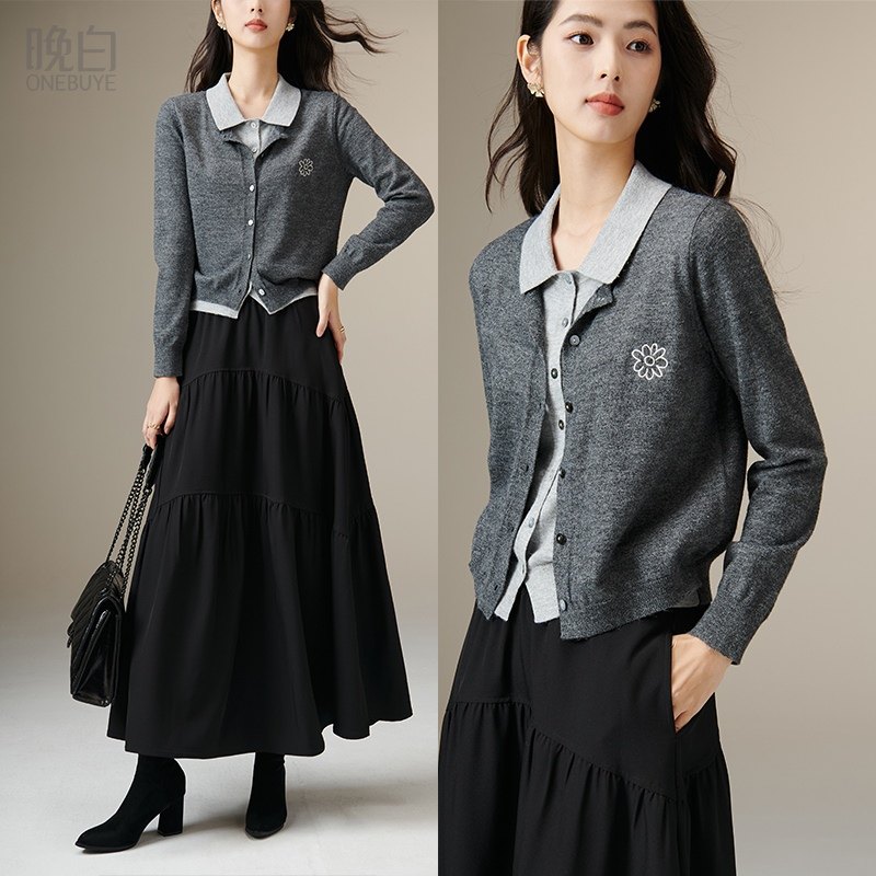 晚白2026春季新款格雷灰假两件短款翻领毛衣miu系针织衫女上衣