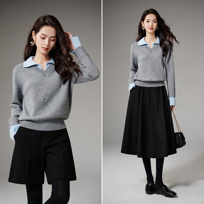 晚白假两件高弹内搭针织衫