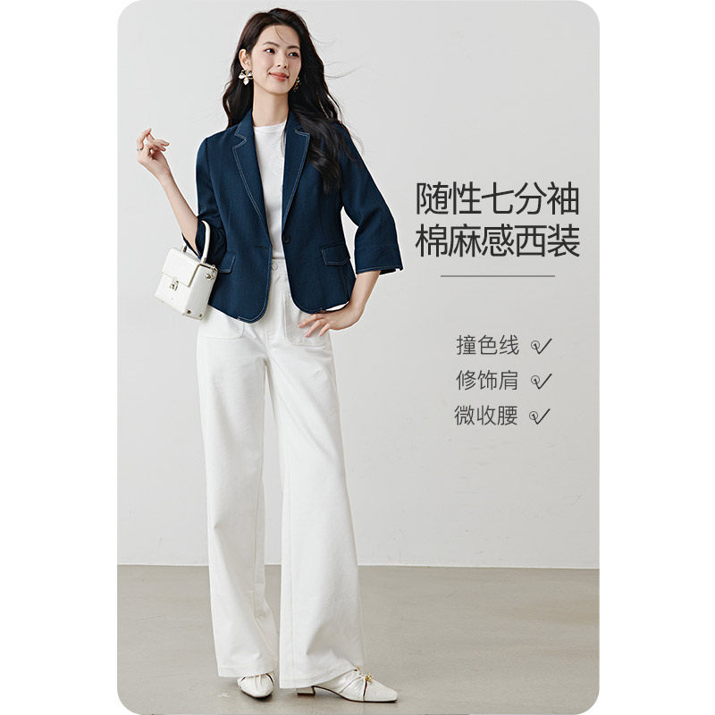 晚白2026年春新款平驳领棉麻感西装精简通勤小个子显高短外套女
