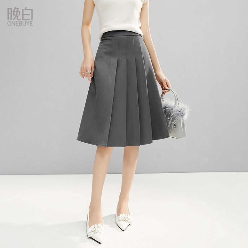 晚白高腰捏褶减龄半身短裙